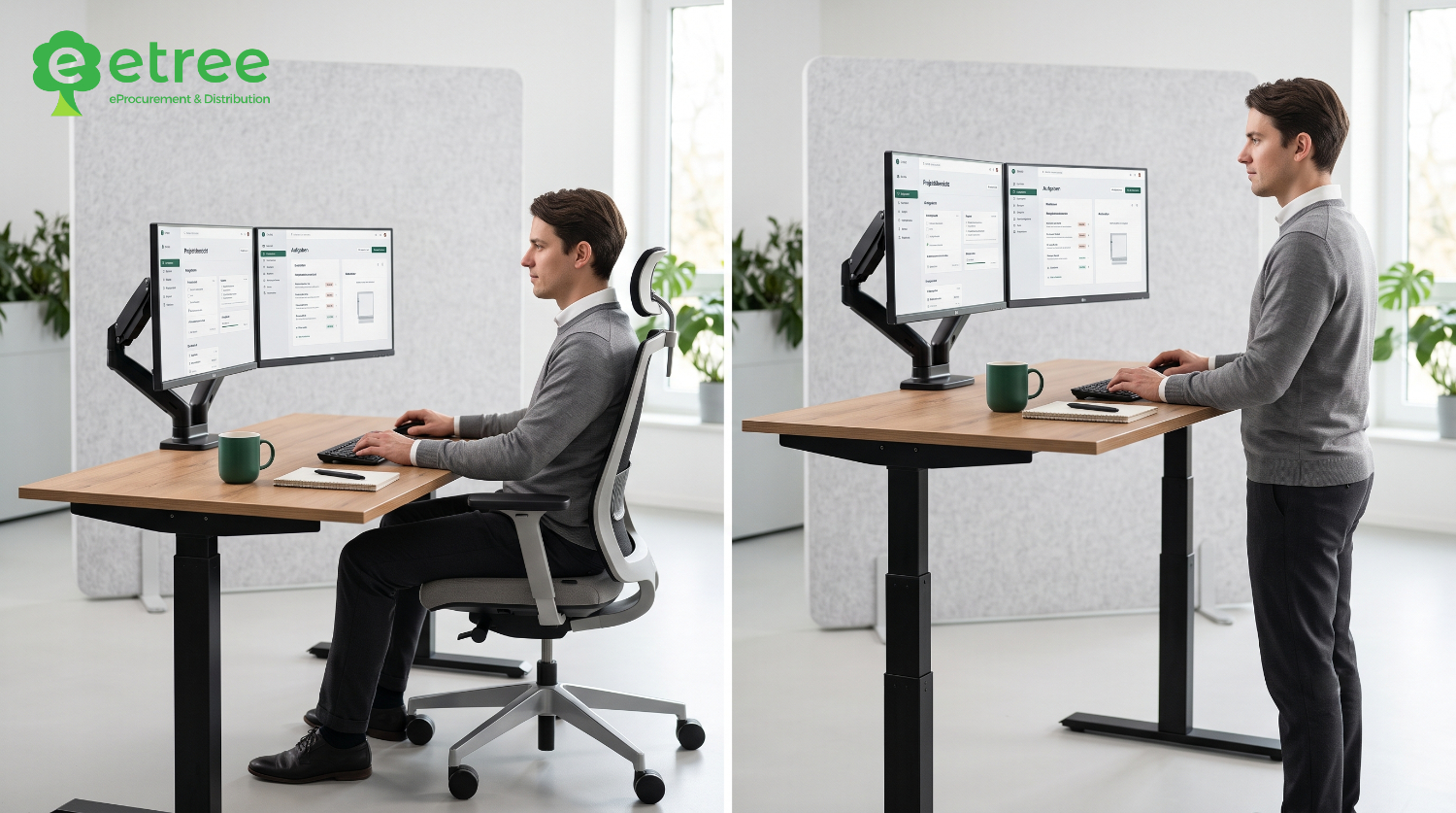 Höhenverstellbarer Schreibtisch im Wechsel zwischen Sitz- und Stehposition
