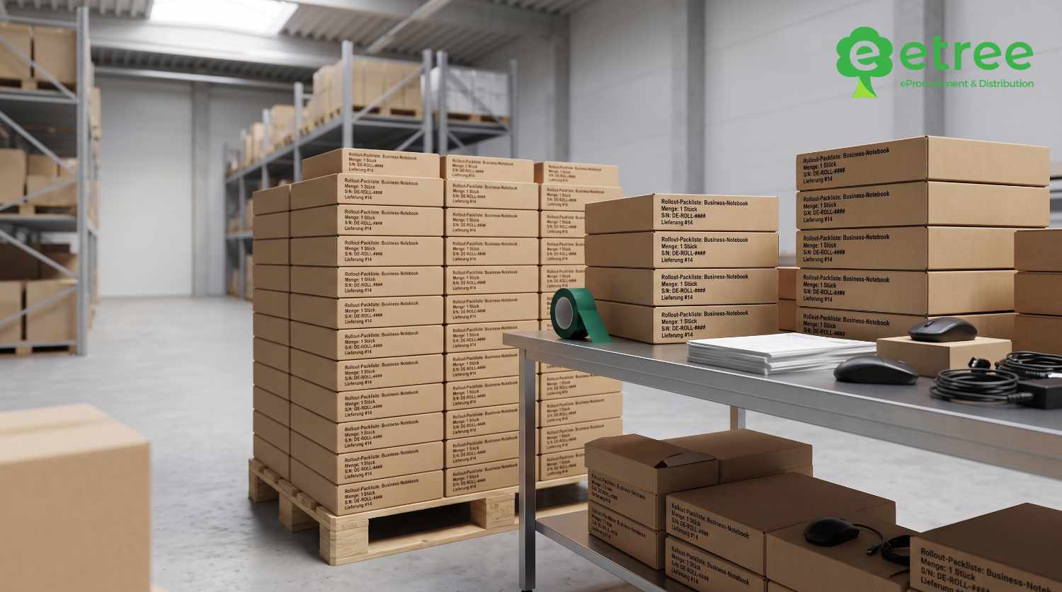 Vorbereiteter Rollout mit vielen identischen Business-Notebooks als Beispiel für Verfügbarkeit großer Stückzahlen