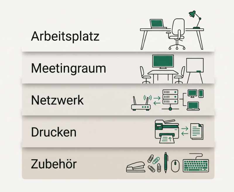 Fünf Ebenen der IT-Büroausstattung: Arbeitsplatz, Meetingraum, Netzwerk, Drucken, Zubehör