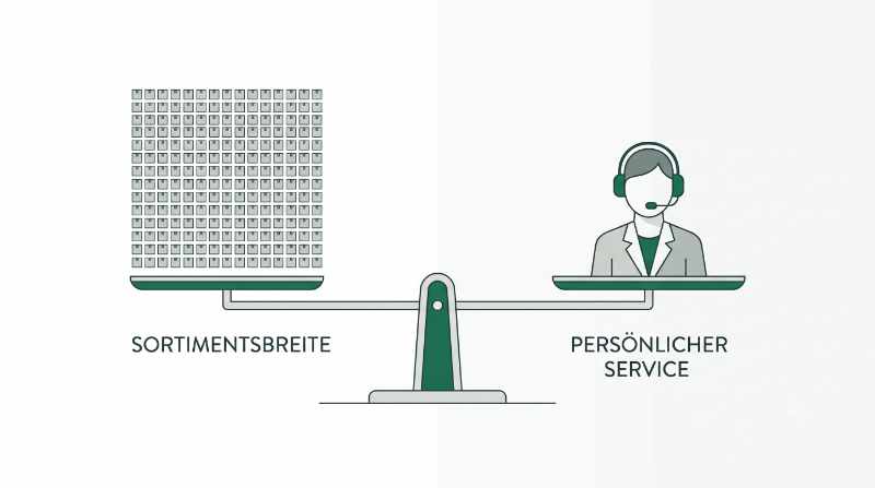 Infografik Broadliner versus spezialisierter Distributor: Sortimentsbreite gegen persönlichen Service